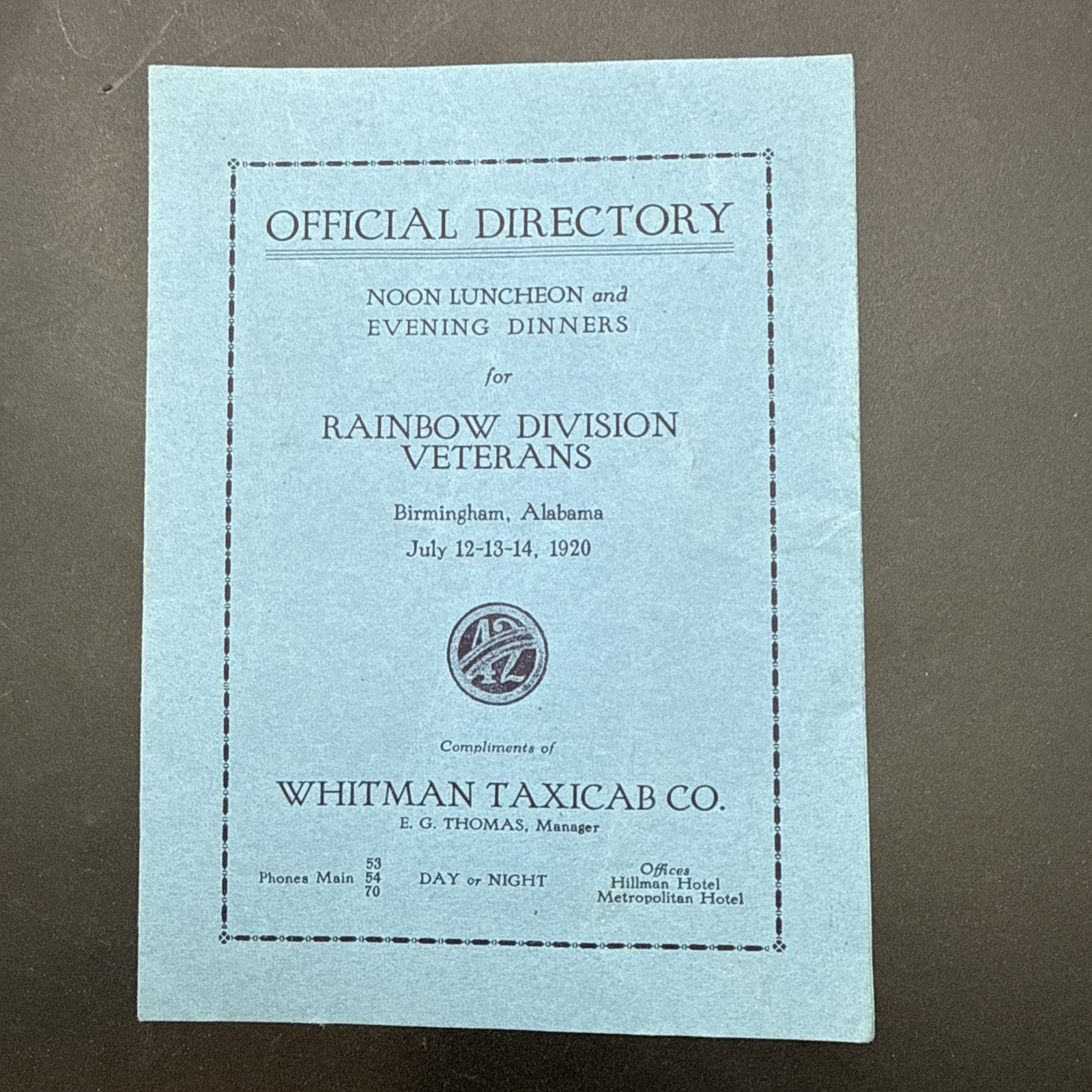 Official Directory WWI Rainbow Division Veterans 1920 reunion lunch dinner menu