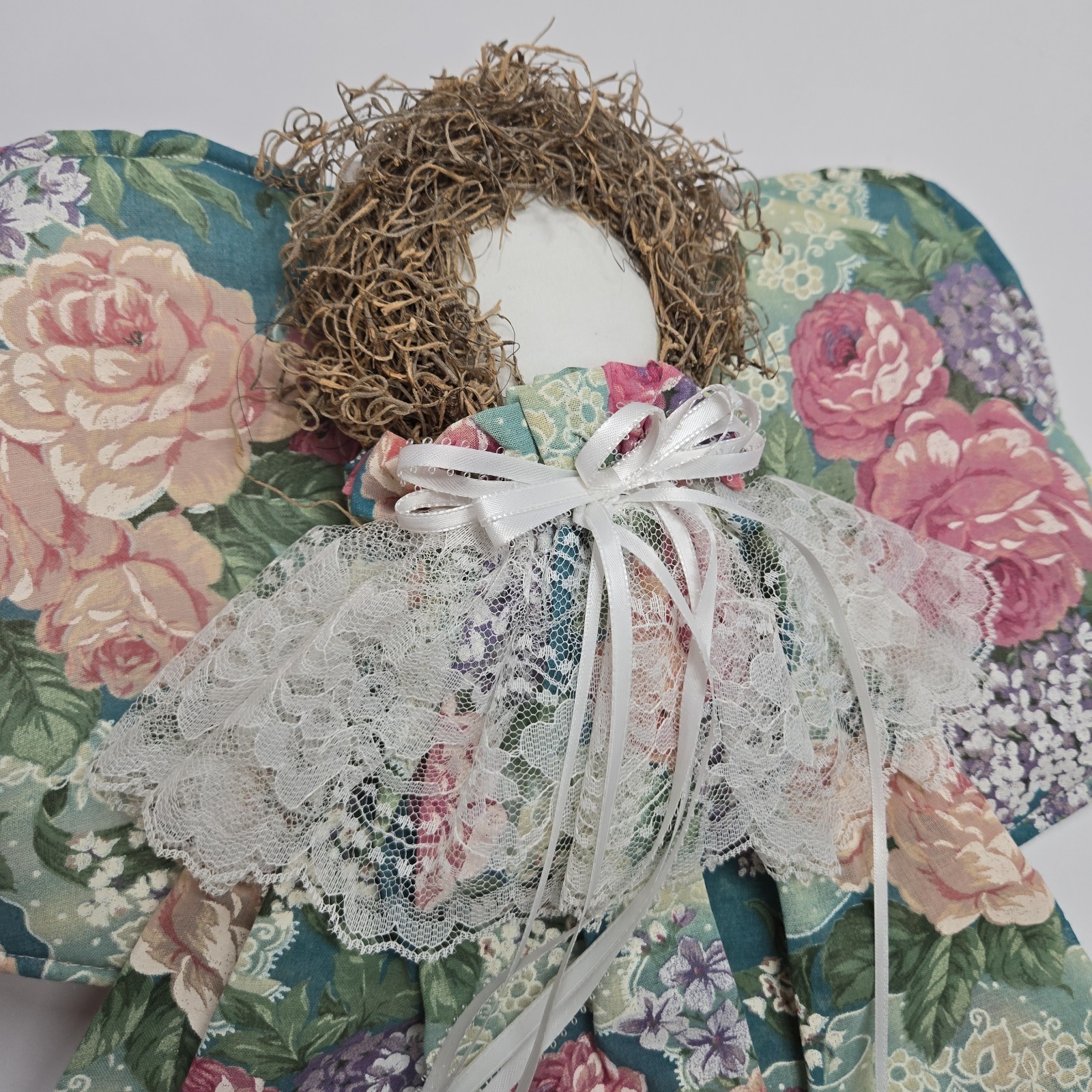 Vtg Hand Made Hanging Holy Angels Fabric Angel Floral Lace Fabric Christmas