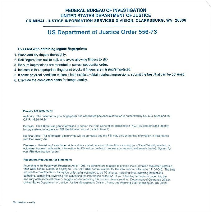 FD-1164 Card, for FBI Identity History Summary Checks, 50 Pack