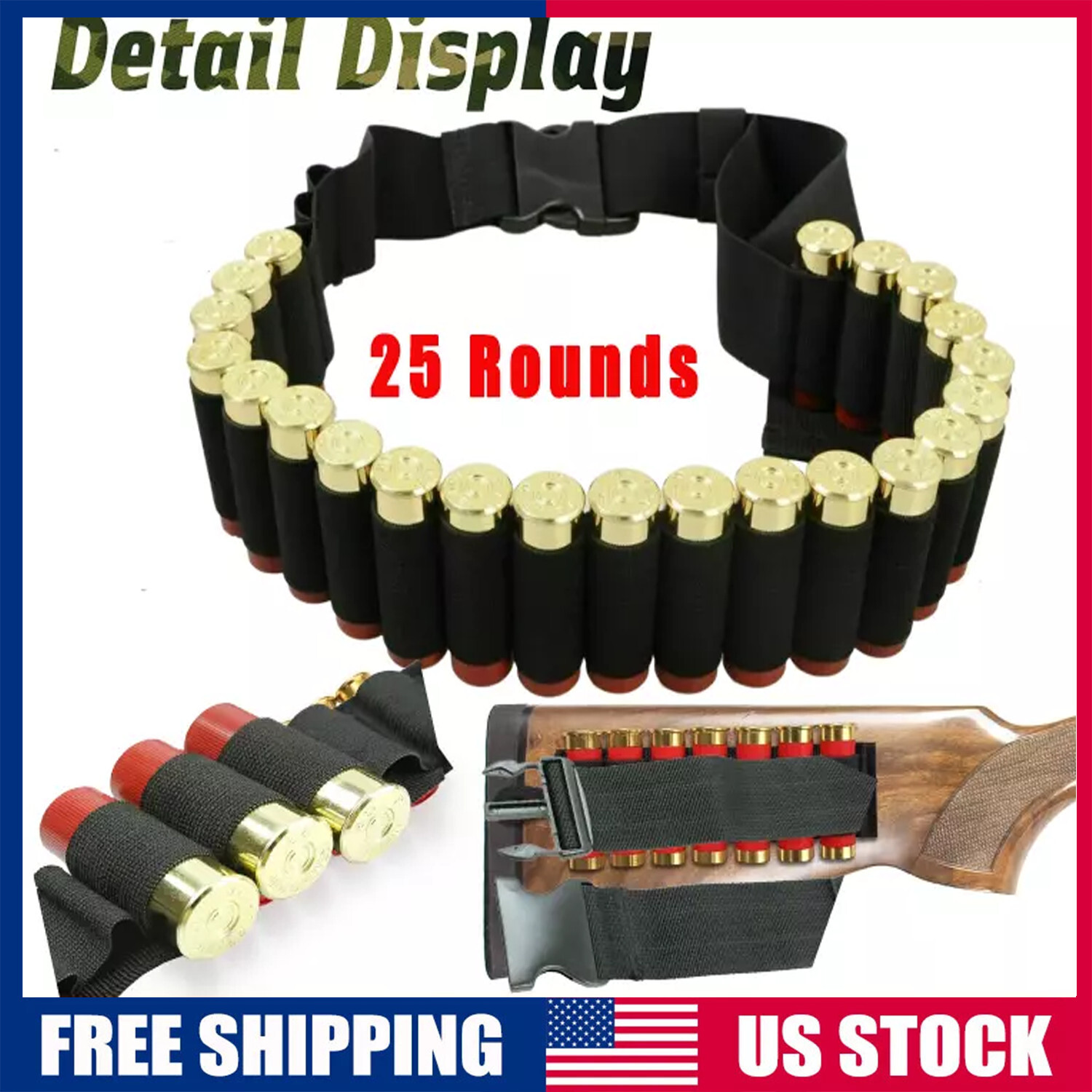 Shotgun Shell Holder 25 Shells 12/20GA Gauge Cartridge Ammo Bandolier Belt Black
