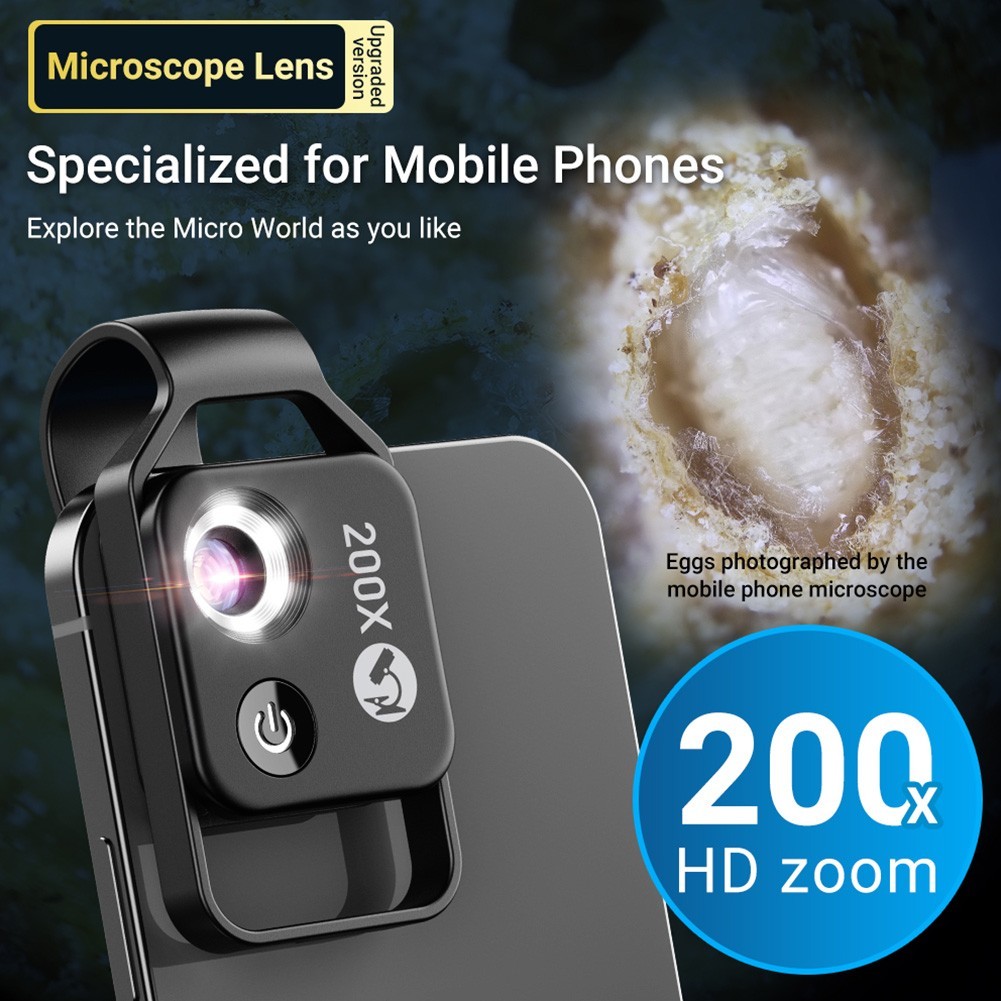 200X Phone Mini Pocket Microscope with LED Light/Universal Clip, Nano Zoom Porta