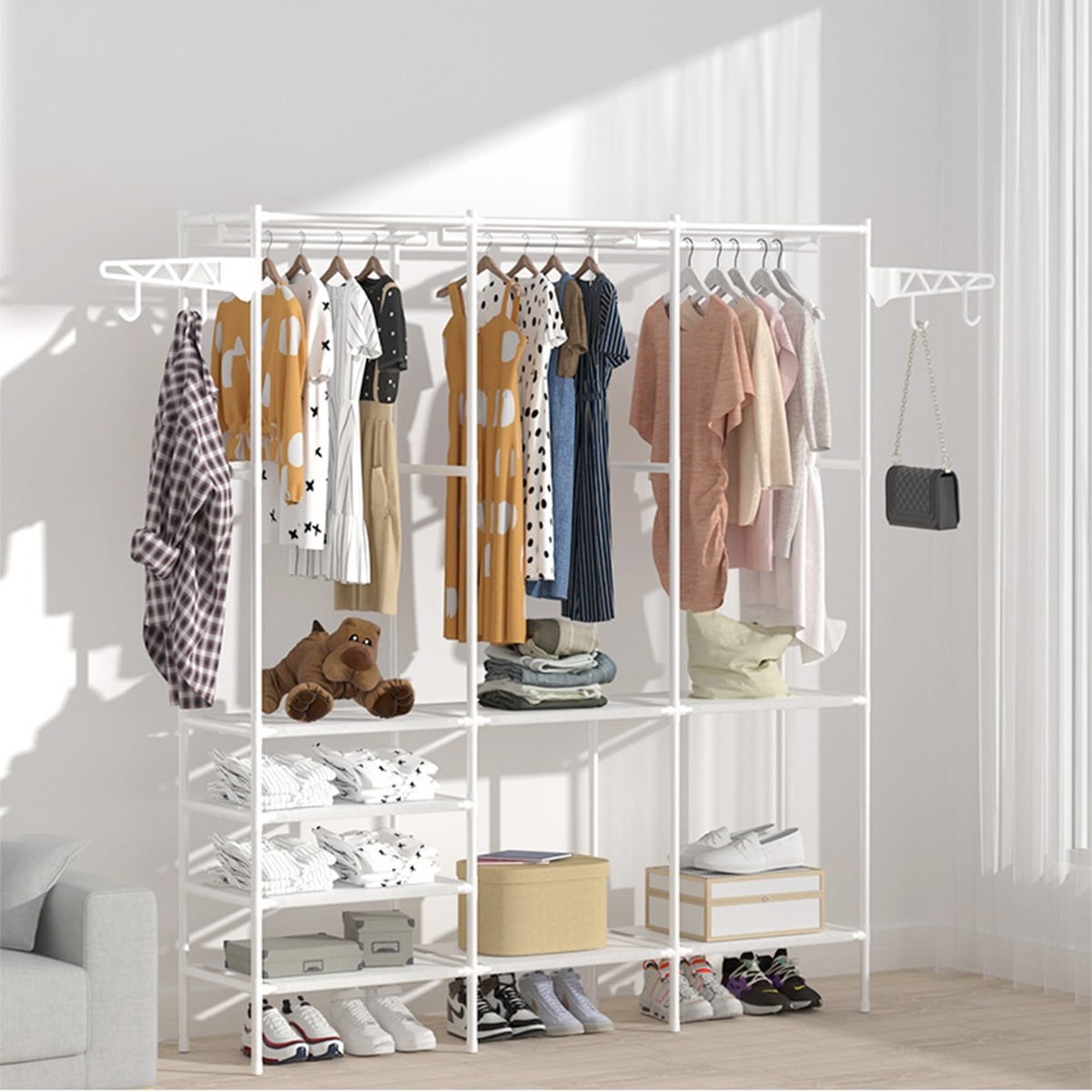 Clothes Rack with 3 Hanging Rods, 63" Extra Large Capacity Wardrobe with Shelves