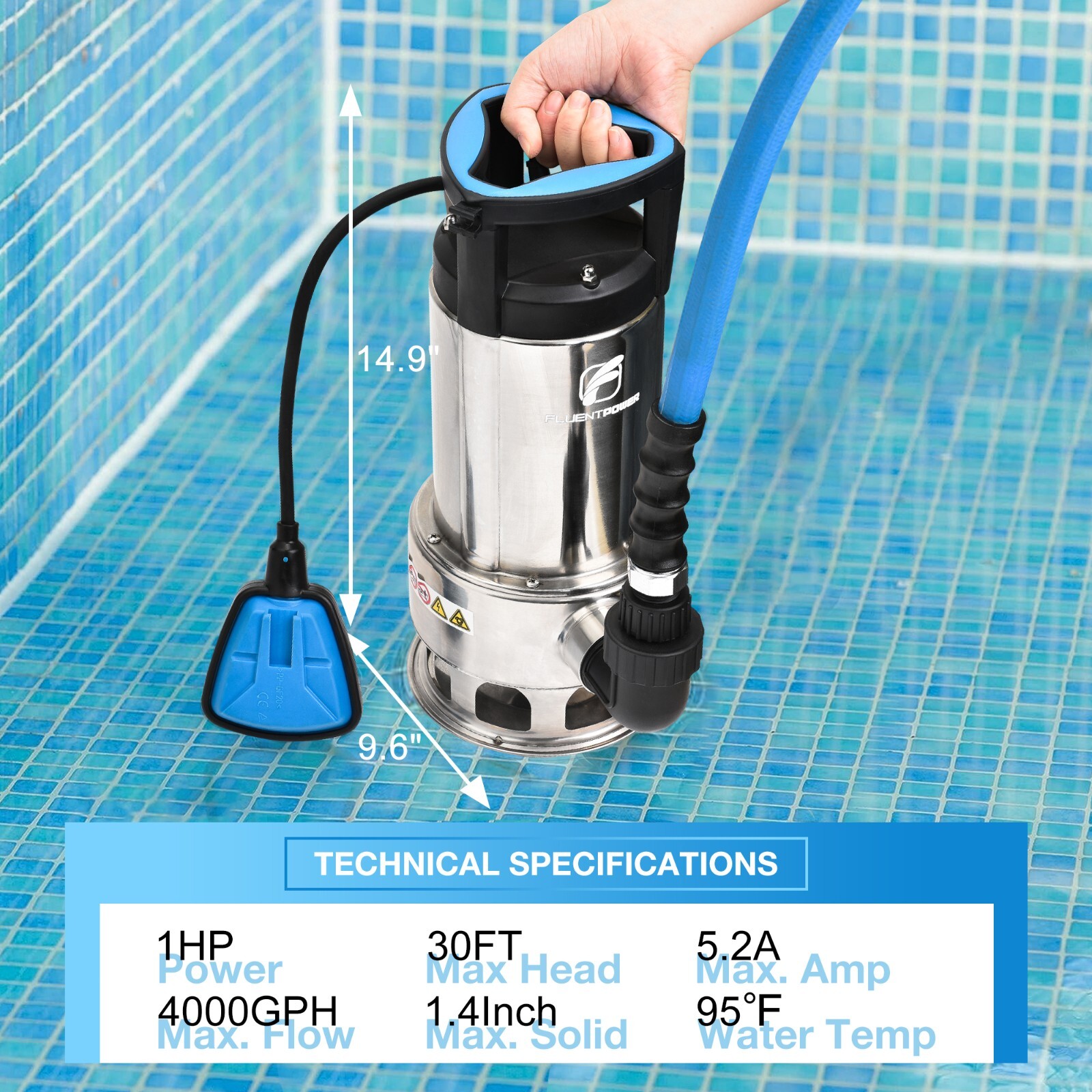 FLUENTPOWER 1HP 4000GPH Stainless Steel Submersible Pump for Clean/Dirty Water