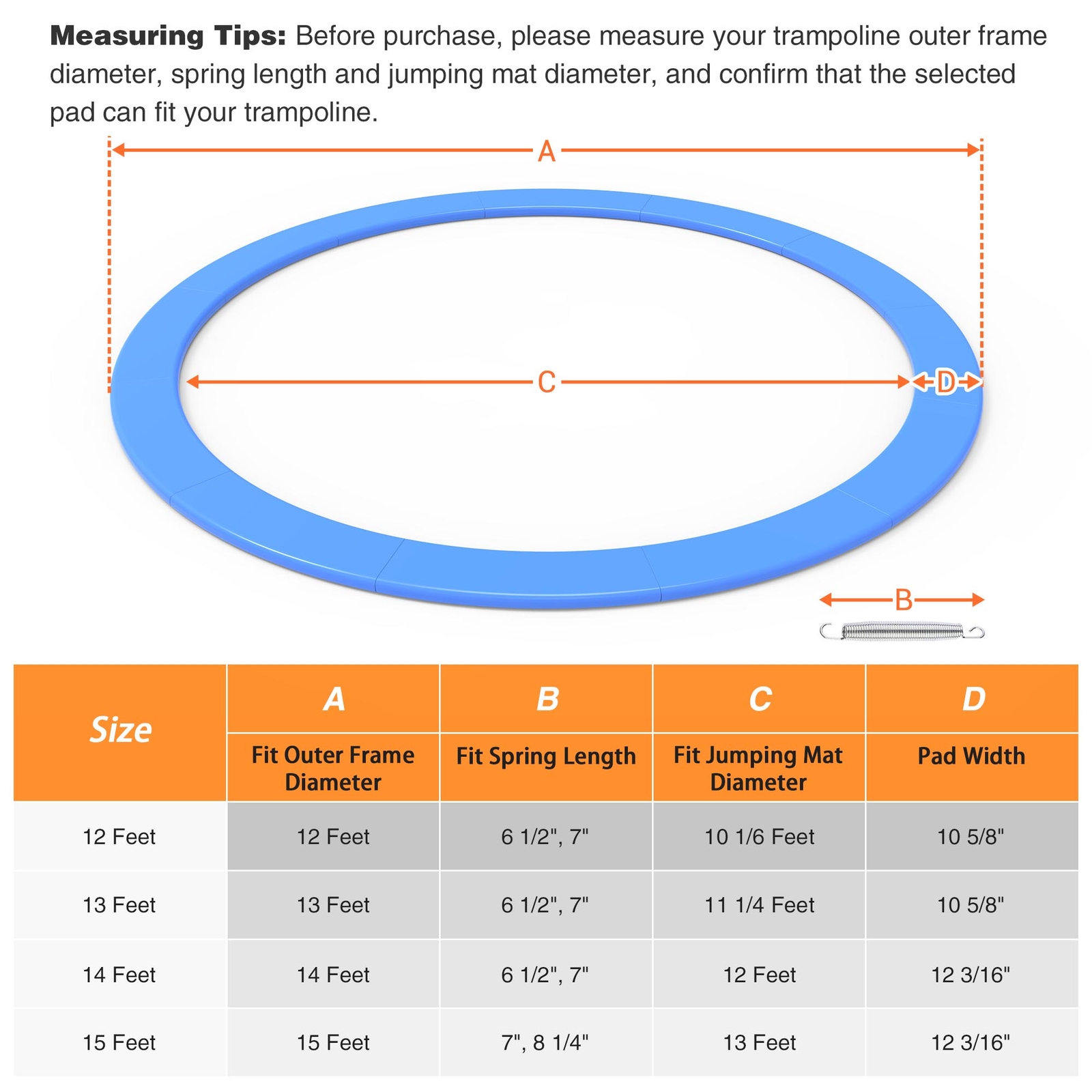 12' FT Round Trampoline Safety Pad Replacement EPE Foam Blue Spring Frame Cover