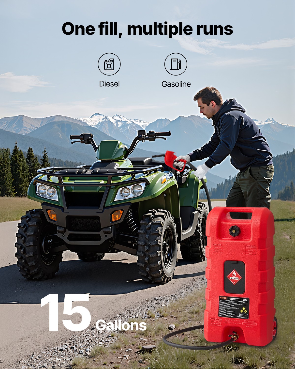 VEVOR Fuel Caddy 15 Gallon Portable Fuel Tank with Gravity & Hand Pump Modes