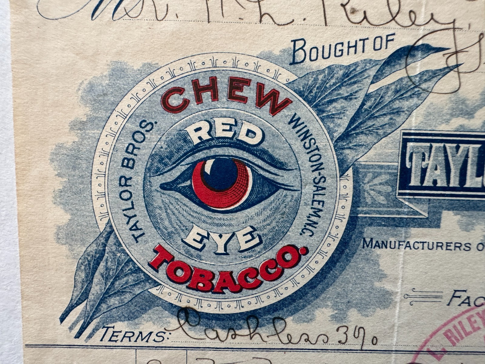 Vintage 1904 Billhead Winston Salem NC Taylor Bros Red Eye Chew Tobacco vignette