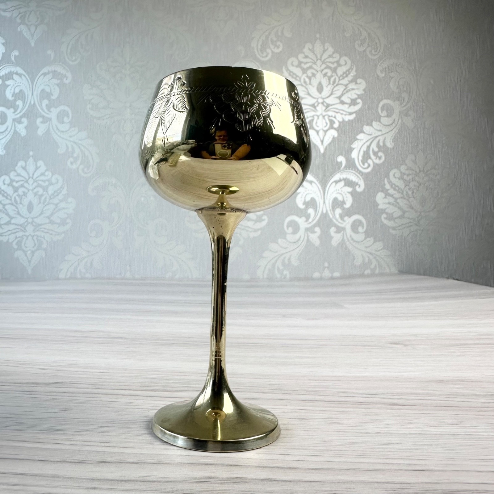 Vintage Silver Plate Engraved Wine Goblet Collectable Retro Decor Cup
