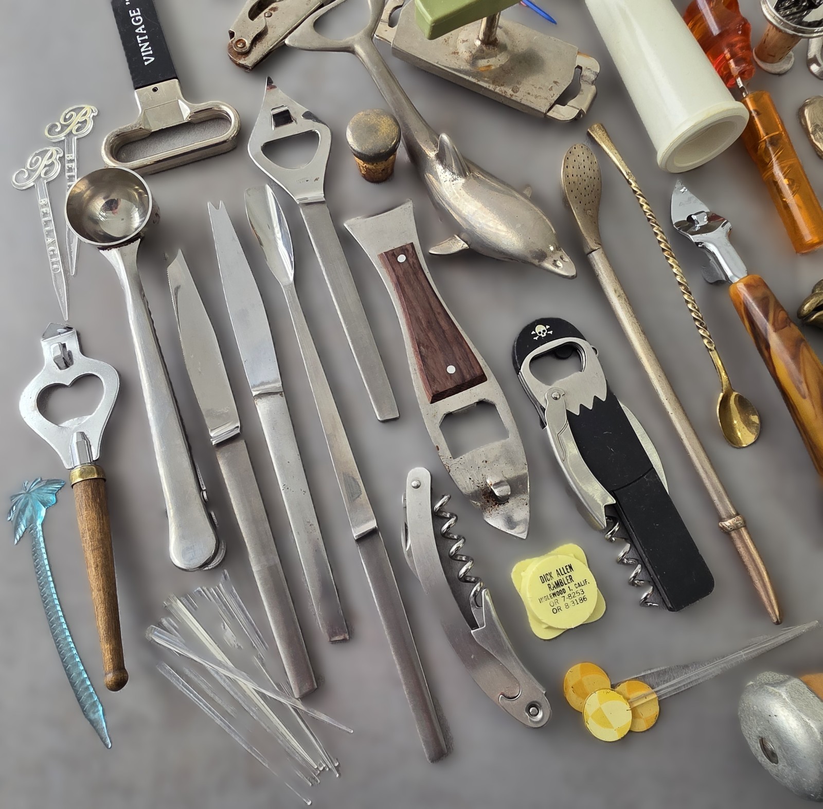 58 pc Lot of Vintage Bottle Openers, Picks, Barware, Bronze, Brass, Chrome, etc.