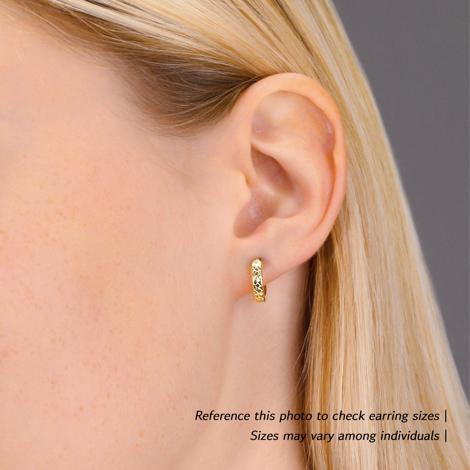 14K Real Solid Gold Round Diamond-Cut Huggie Hoop Earrings Small Size 12MM