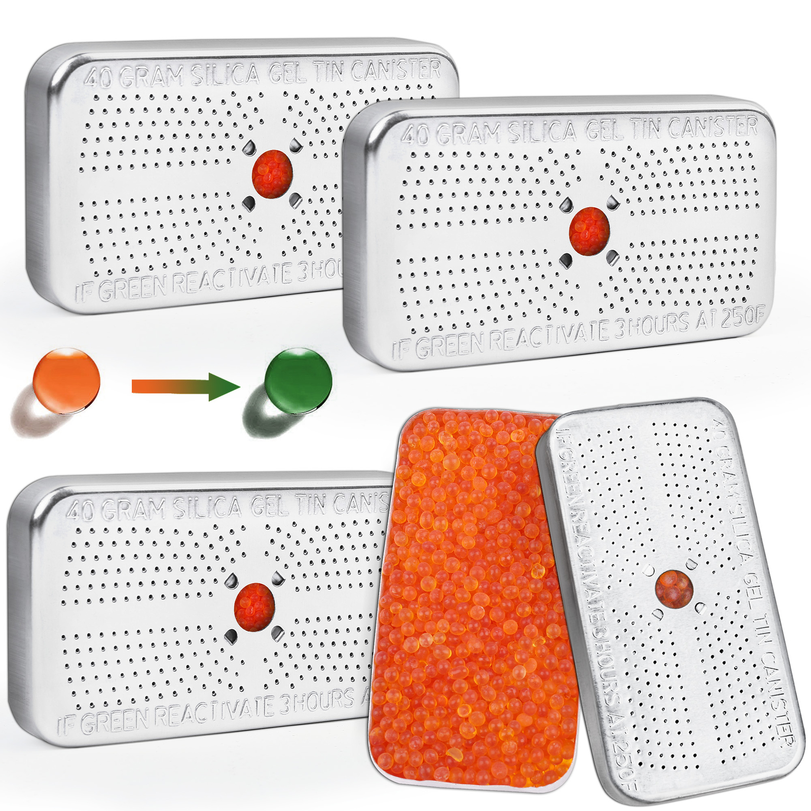 Reusable Silica Gel Desiccant Beads Dehumidifier Canister Safe 40 Gram 4 Packs
