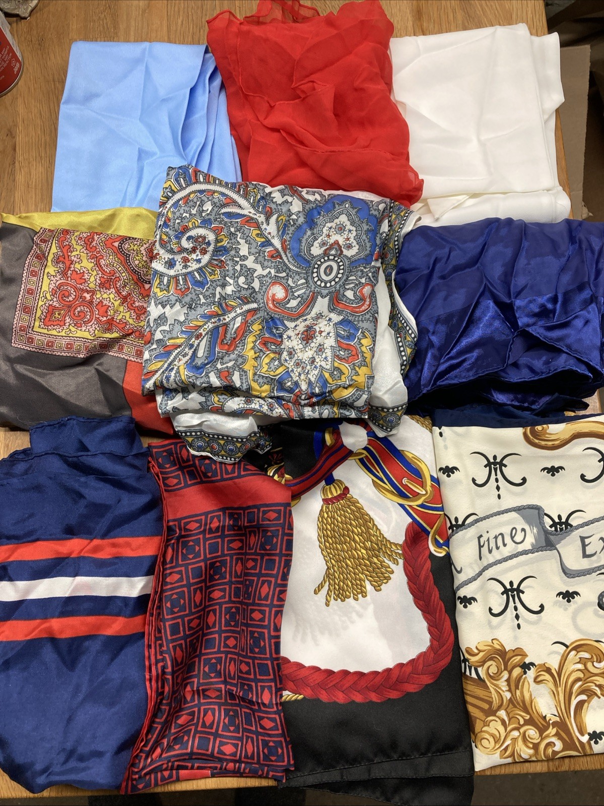 Lot of 10 Vintage Women’s Silky Scarves (variety sizes, colors, material)