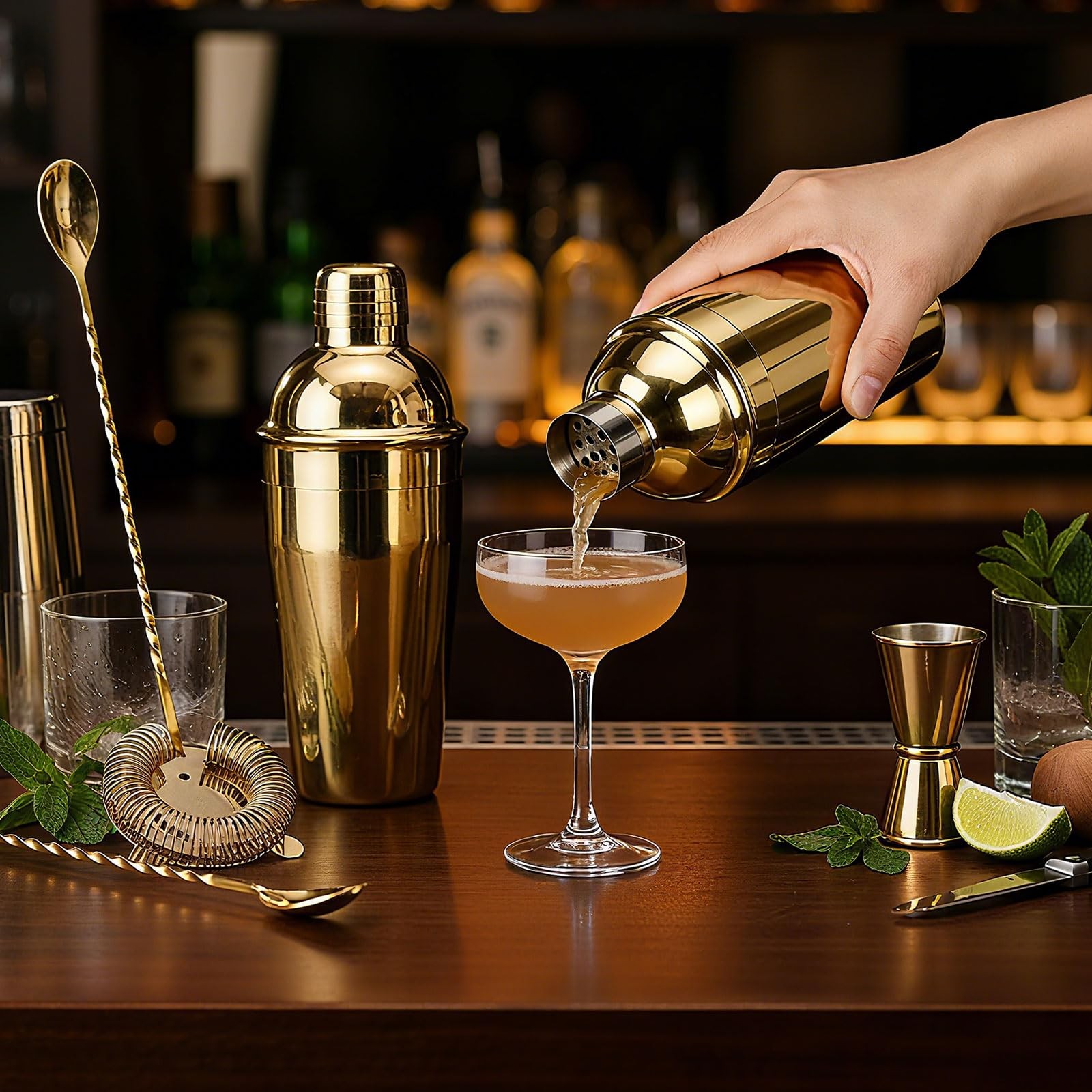 Nitial 6 Pcs Bar Cocktail Shaker Professional Stainless Steel 18.6 oz, Gold