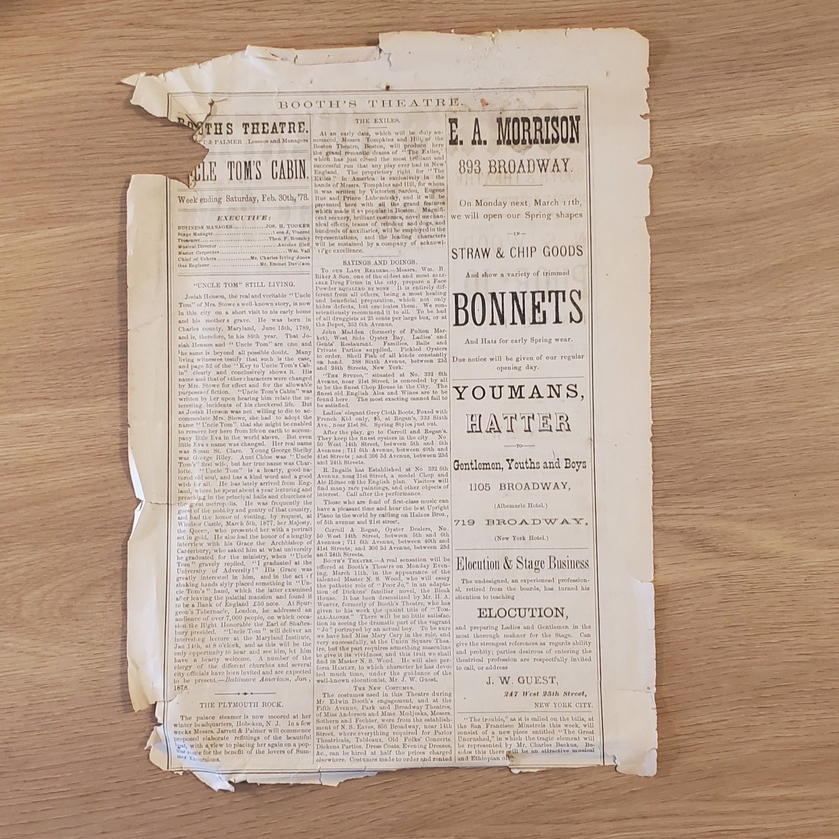 5159----1878 Booth's Theatre program NYC - Uncle Tom's Cabin