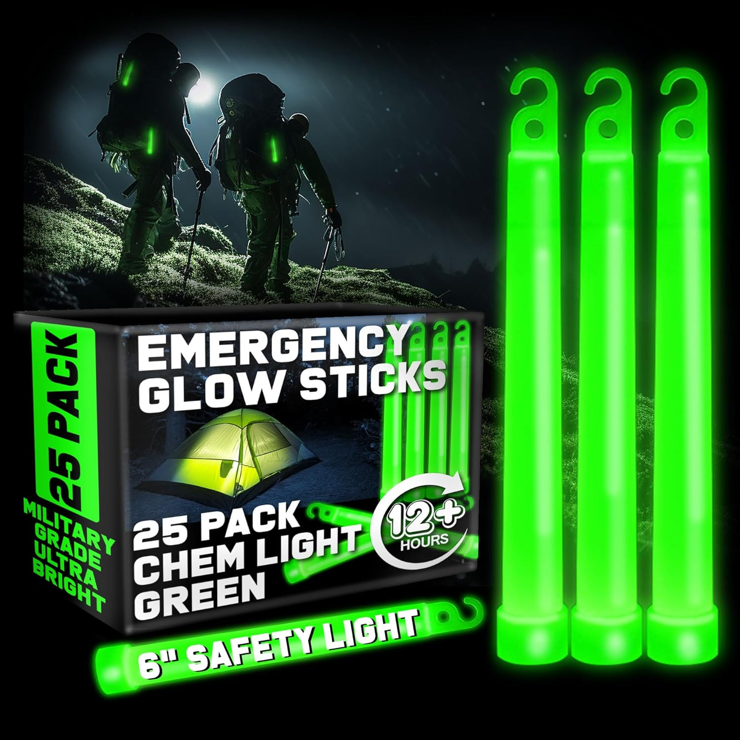 Green Glow Sticks Emergency Chem Lights (6", 25 Pack) Military Grade 12 Hour Bul