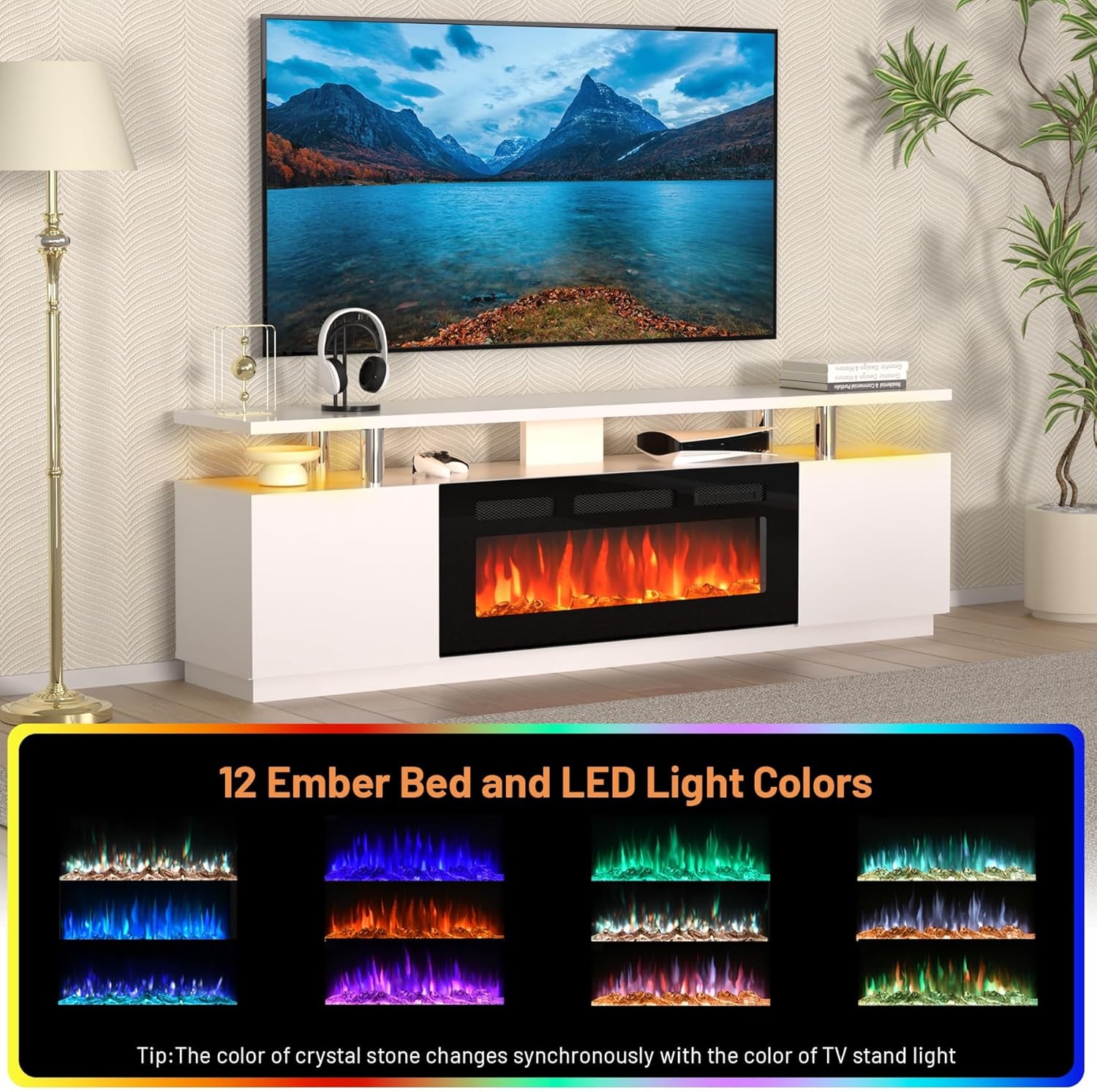 70 In 2 Tier TV Console Stand Cabinet With 36 In Electric Fireplace Heater White
