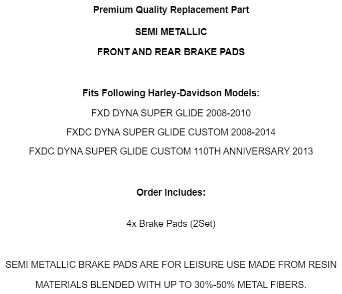 Front Rear Brake Pads for Harley Davidson Fxd Fxdc Dyna Super Glide 2008-2014