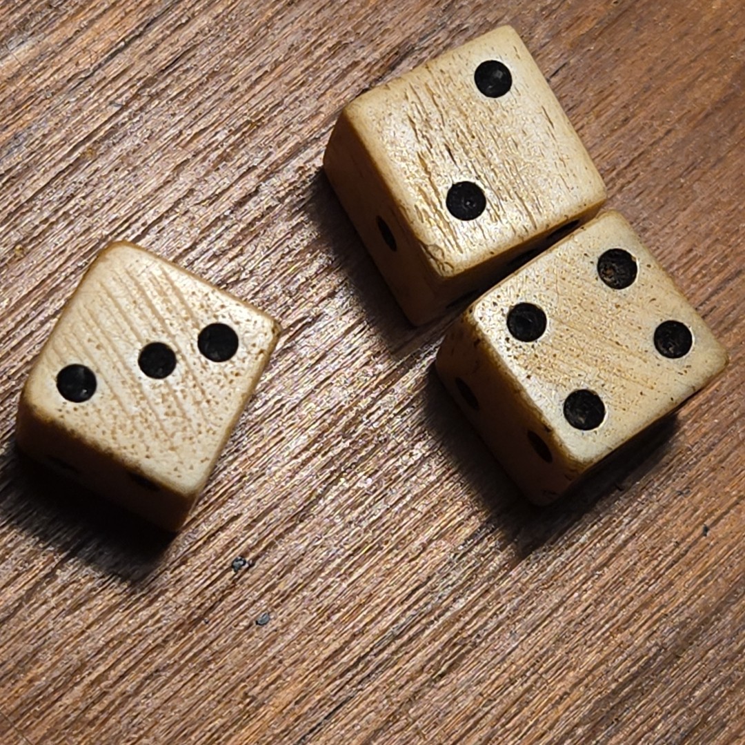 1765 Stamp Act taxed cattle bovine dice with black pips 3 Dice Vintage Hand Cut