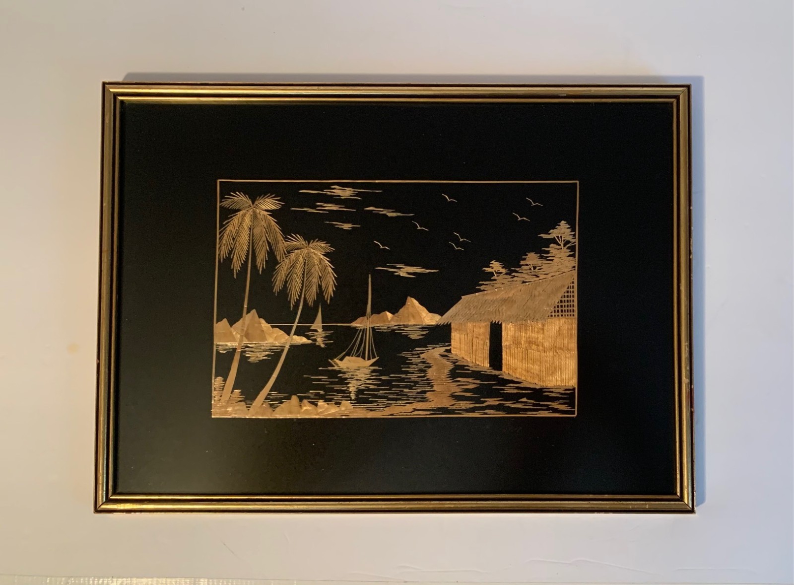 Vintage Framed Bamboo Straw Asian Pacific Folk Art 17" x 12"