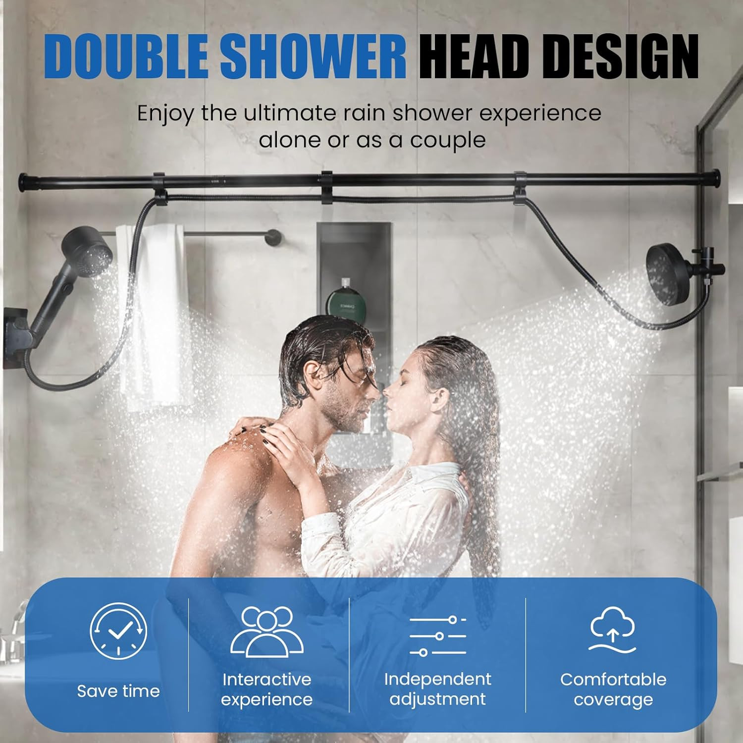 Dual Shower Head for Couples, Adjustable Spray Modes, High Pressure, Tandem