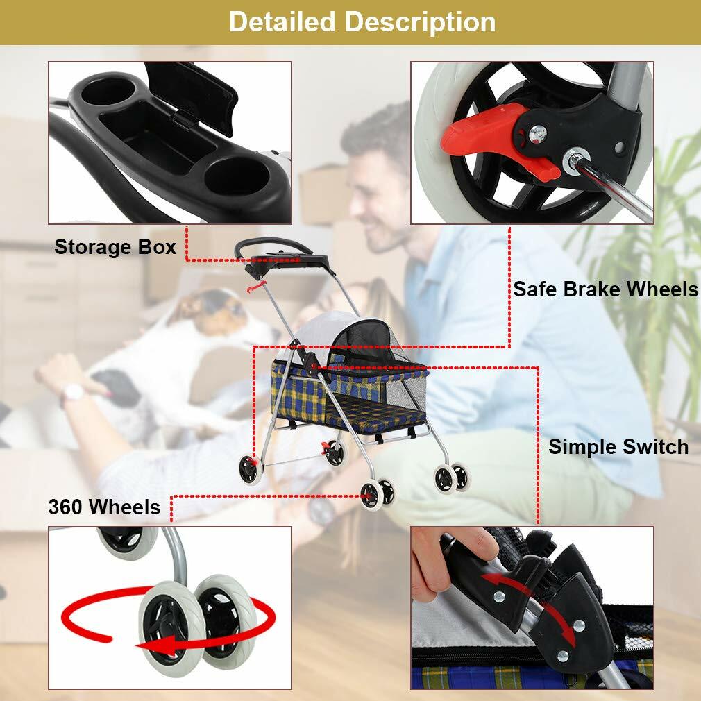 4 Wheels Pet Stroller Folding Cat Dog Cage Stroller Travel Carrier W/Cup Holder