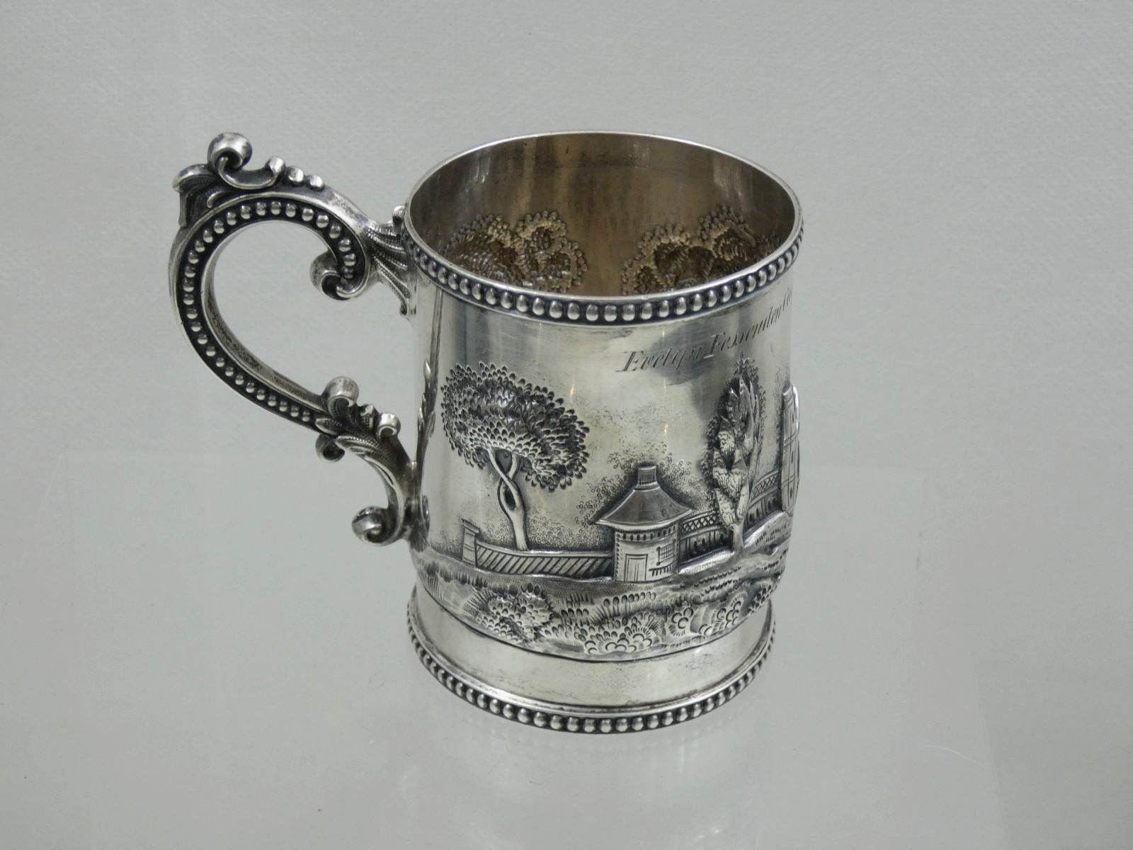 ANTIQUE AMERICAN COIN SILVER MUG CUP HAND CHASED REPOUSSE ARCHITECTURAL sterling