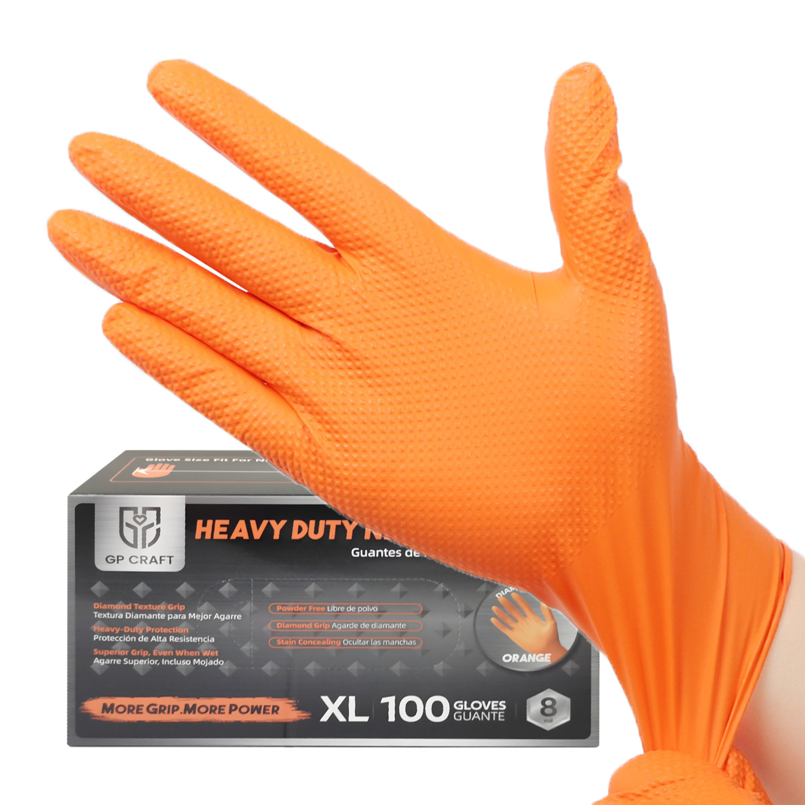 Heavy Duty Orange Industrial Nitrile Gloves with Raised Diamond Texture, 8-mil