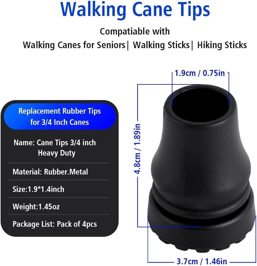 4-Pack Rubber Cane Tips 3/4 Inch Heavy Duty Walking Cane Tips Black Sturdy