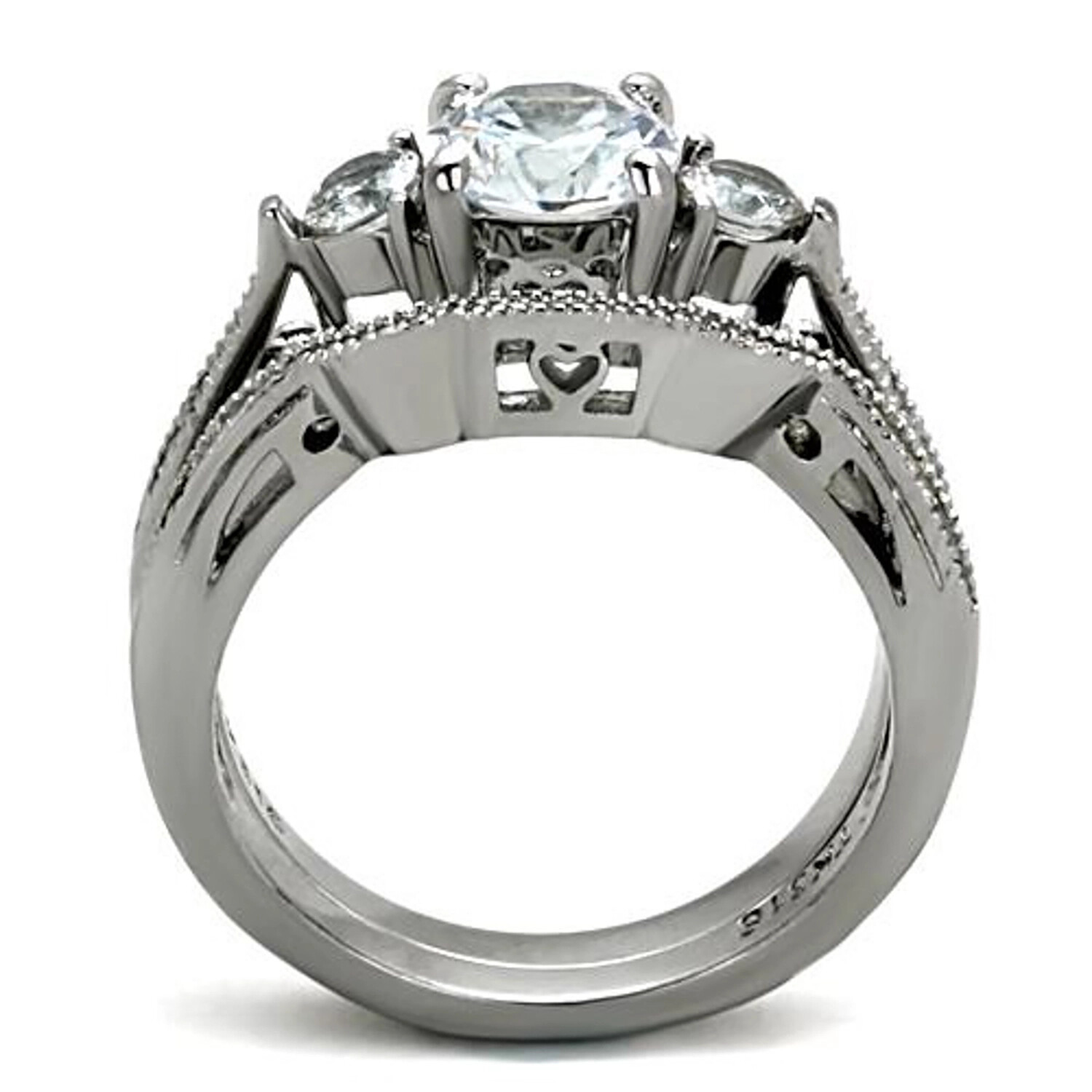 HERS & HIS STAINLESS STEEL 3 PIECE CZ WEDDING RING SET AND ETERNITY WEDDING BAND