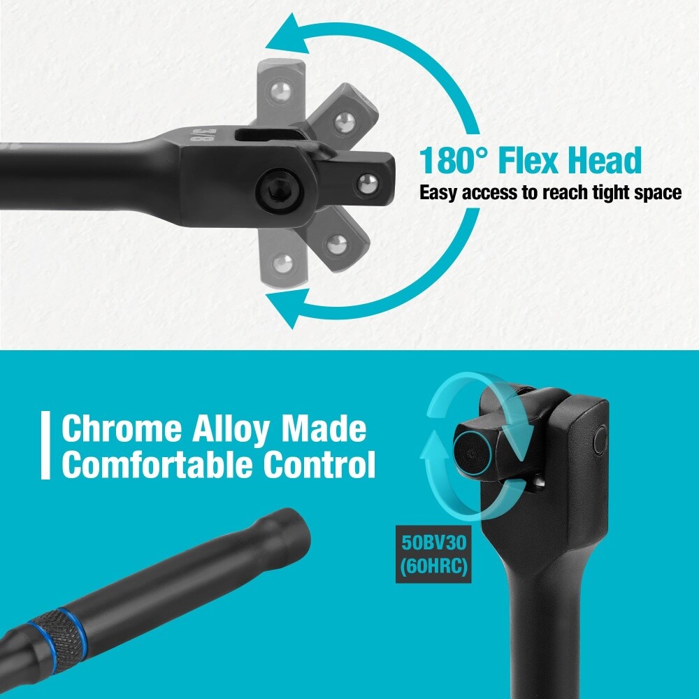 DURATECH 3PCS 6" 10” 15" Breaker Bar Set 1/4" 3/8" 1/2" Drive 180°Rotatable Head