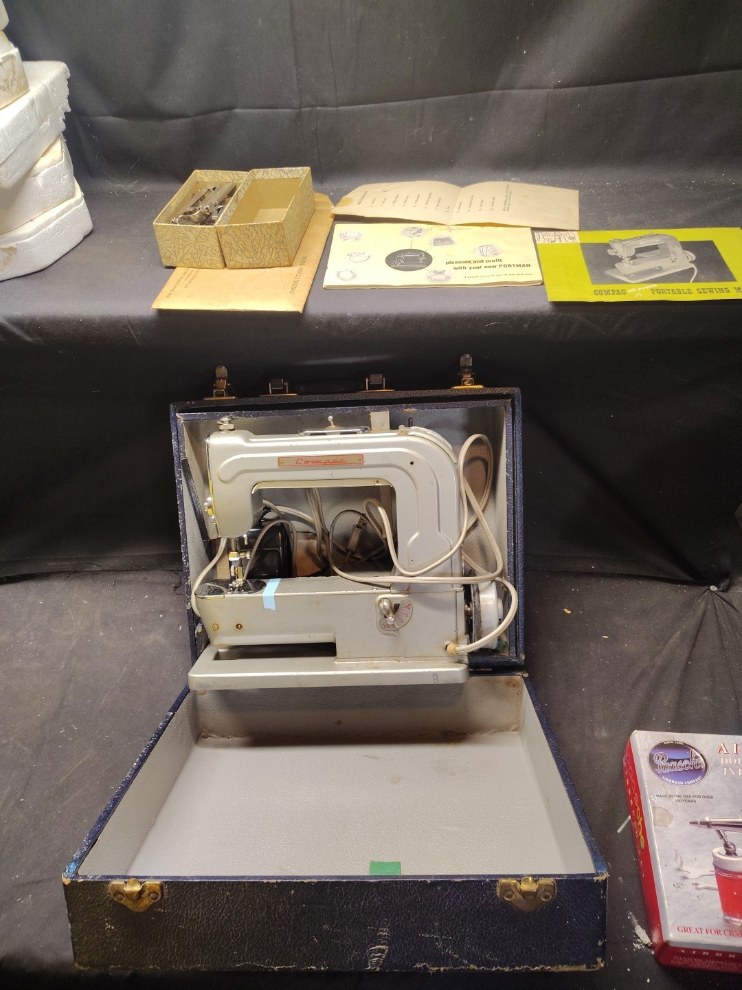 Vintage Portman Sewing Machine Compact Case Pedal Attachments