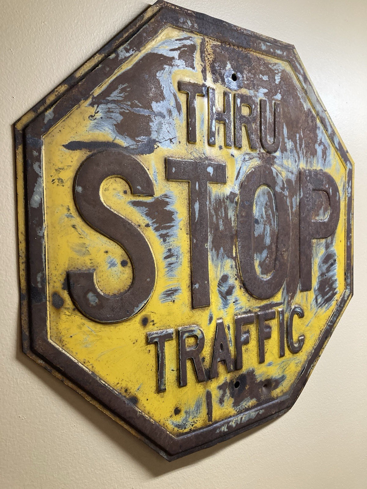 Vintage Yellow Stop Sign Embossed 24"x24" Art Deco 1930 Era
