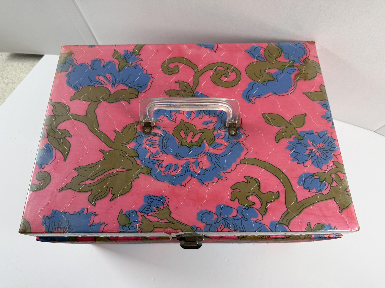 Vintage Sewing Box Kit Pink Floral Portable Sewing Case Box Organizer 60's