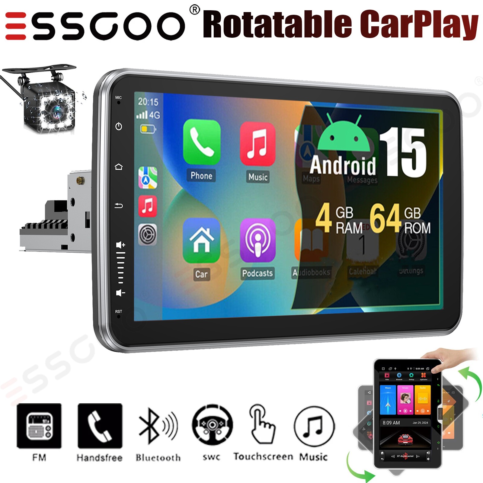 Single 1 DIN 360° Rotatable 10.1'' Android15 Car Stereo GPS Wifi BT 4+64G Camera
