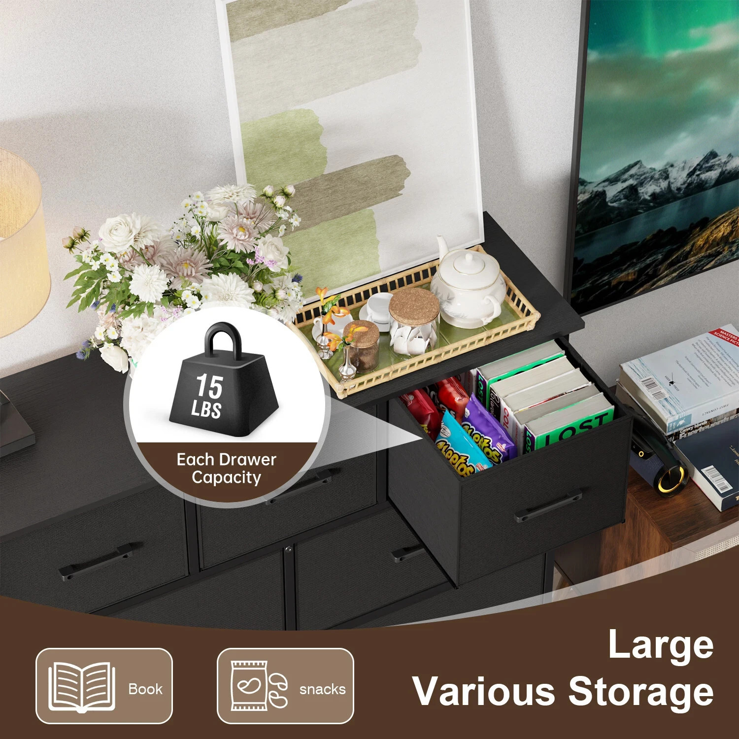 9-Drawer Fabric Dresser, Wide Chest of Drawers Storage Unit with Metal Frame