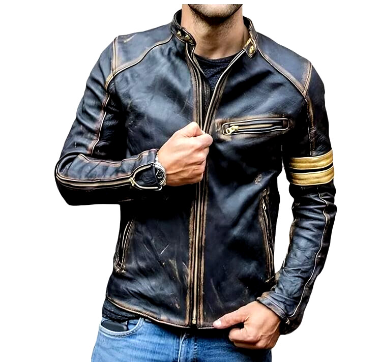 Men's Motorcycle Biker Leather Jacket Distressed Café Racer Genuine Lambskin