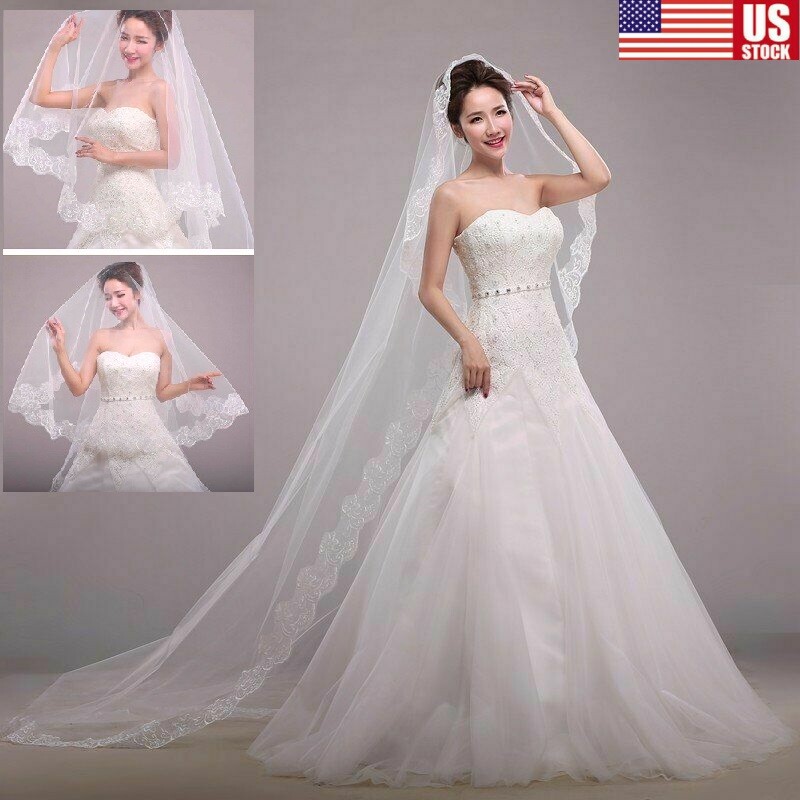 10Ft Long White Wedding Bridal Veils with Embroidery Lace Edge Bride Supplies US