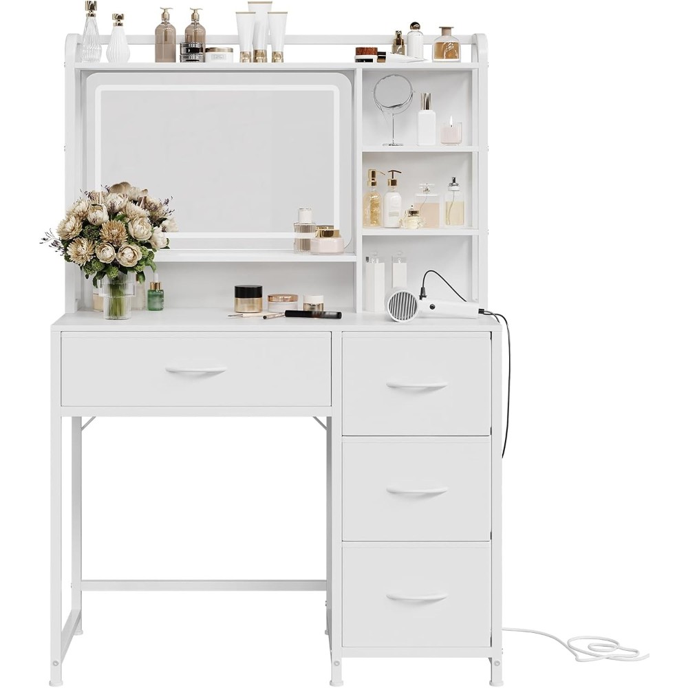 Modern Makeup Vanity for Girls: 35.4" Desk W/ Mirror & 4 Fabric Storage Drawers