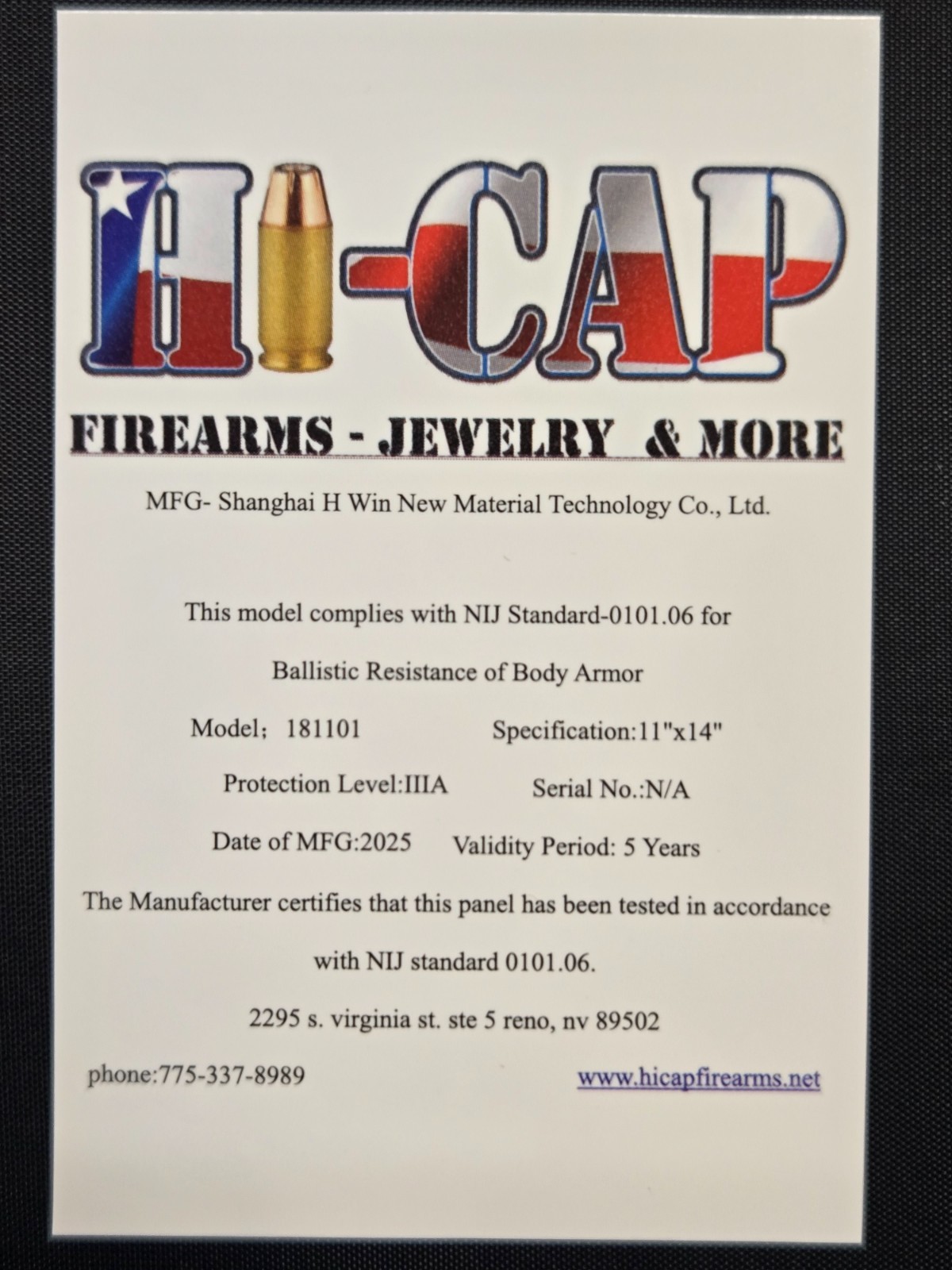 HI-CAP FIREARMS 11”x14” LEVEL IIIA 3A SOFT BALLISTIC PLATE SAPI CUT UHMWPE