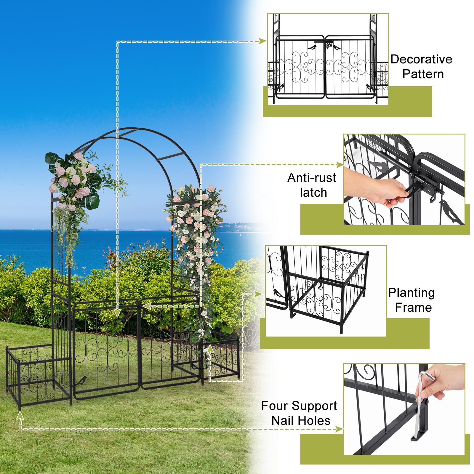Garden Arbor Metal Arch with Gate & Plant Box Wedding Arch Party Decoration