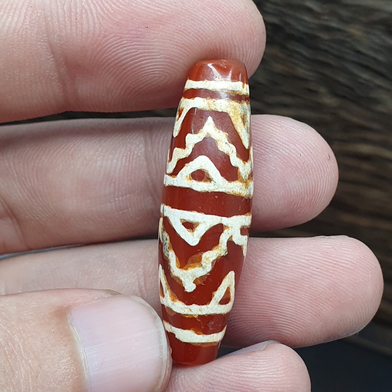 Antique Tibetan Nepalese RED Etched Agate Bead Decorated Carnelian Beads ETC-2