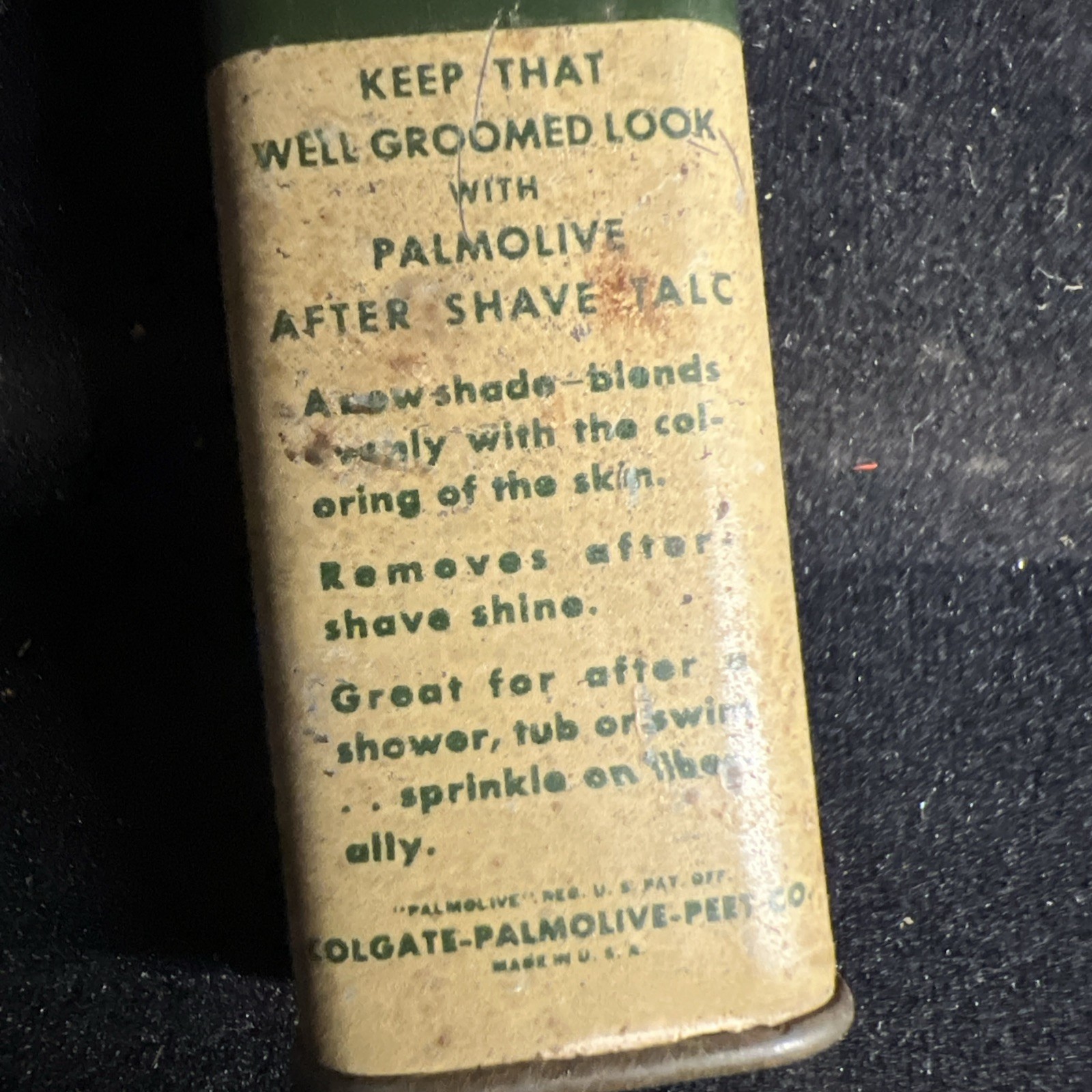 VTG 1950s PALMOLIVE after shave talc ADVERTISING TIN Green Medical Can Tin
