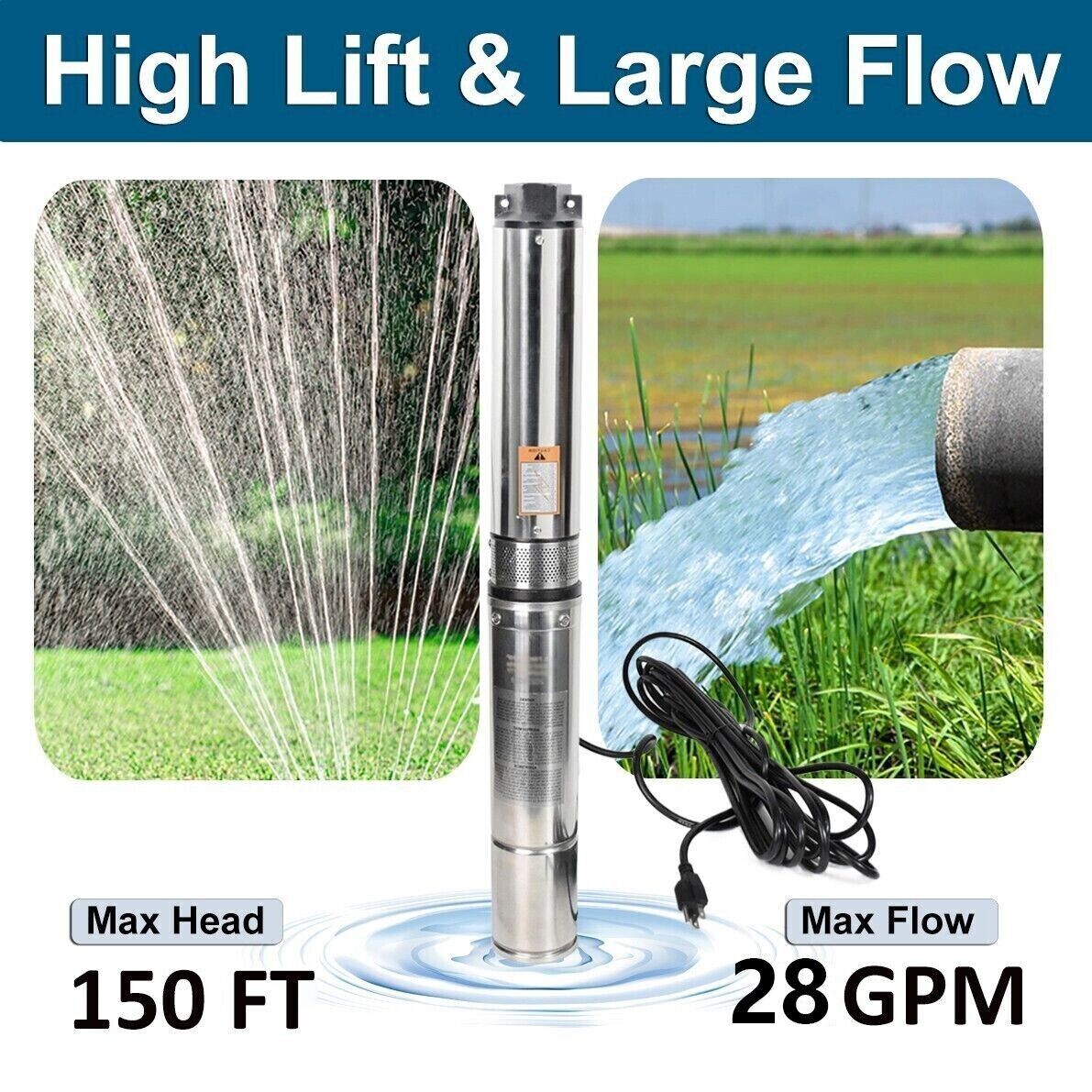 4" Deep Well Submersible Pump, 1/2HP, 110V, 60 Hz, 28GPM, 150 Ft Max,1 1/4in NPT