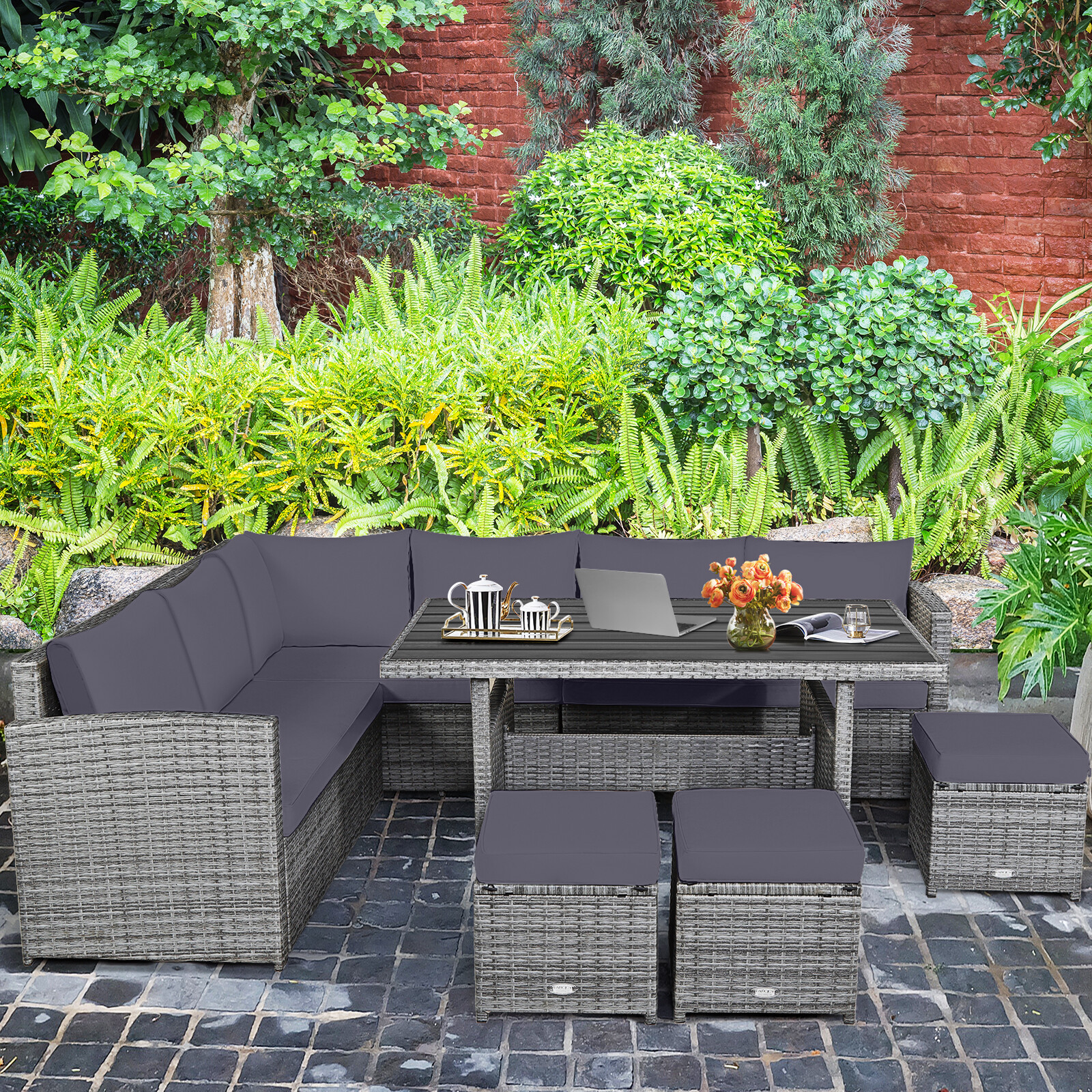 7PCS Rattan Patio Sectional Sofa Set Conversation Set w/ Grey Cushions