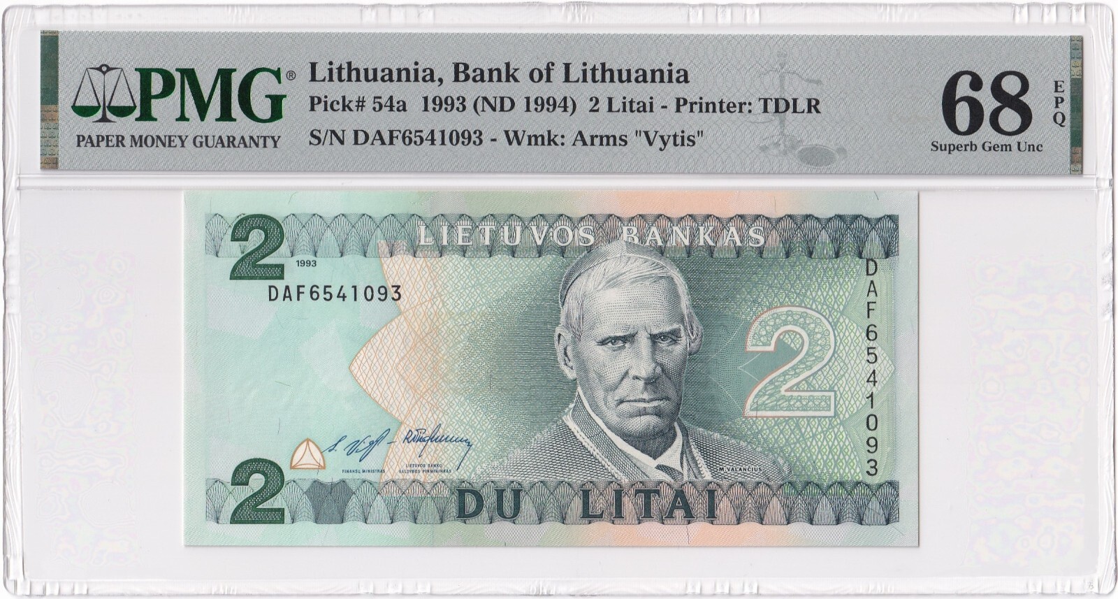 LITHUANIA-2 LITAI-1993 (ND 1994)-PICK 54a-#6541093 **PMG 68 EPQ SUPERB GEM UNC**