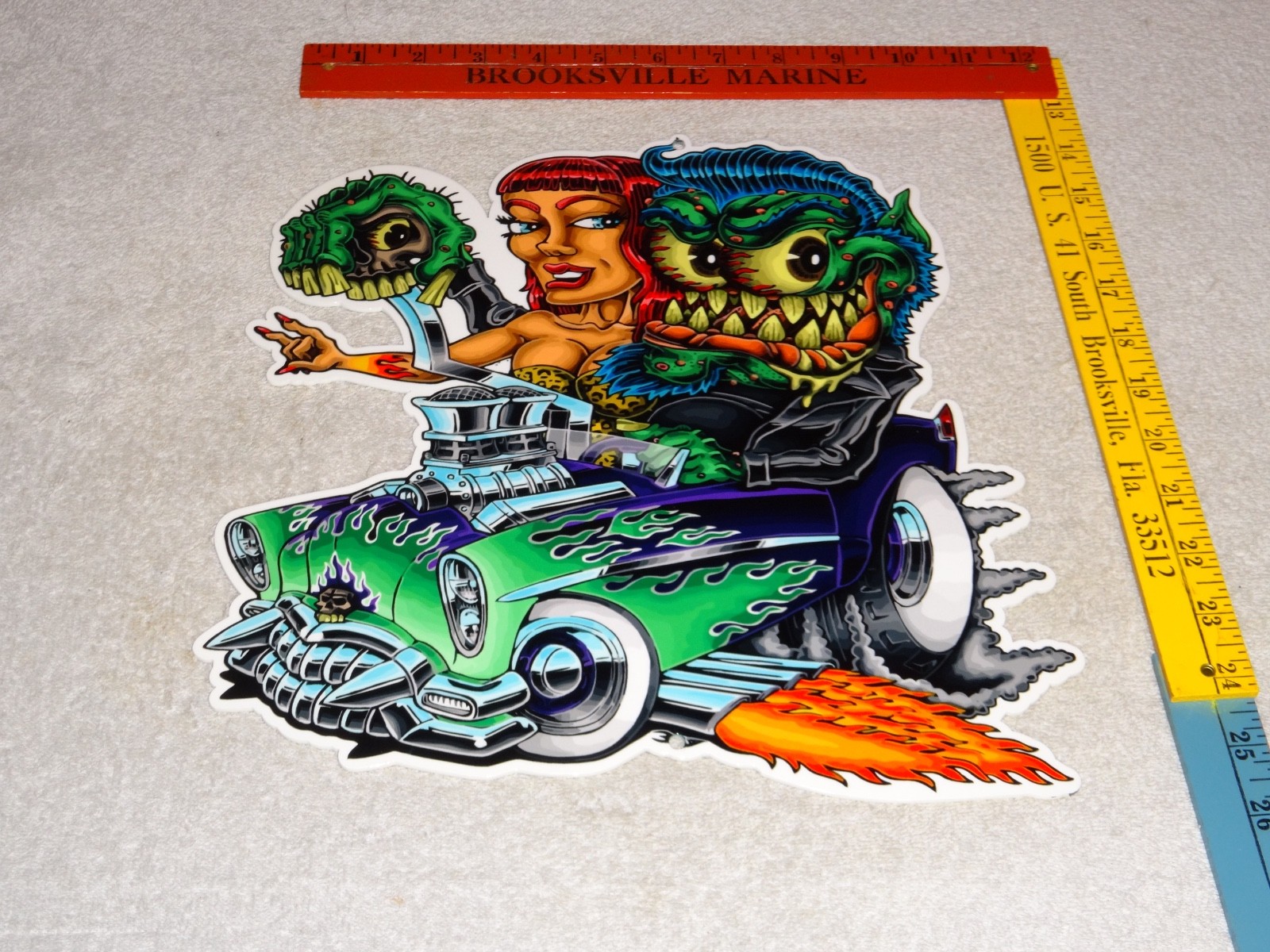 VINTAGE RATFINK DRIVES CAR W/ WOMAN MONSTER 12" METAL GASOLINE OIL RAT FINK SIGN