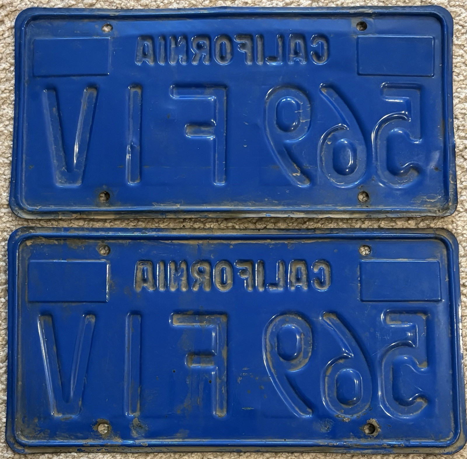 Original Pair Of 1970s Steel Blue California License Plates 569 FIV CA CAL