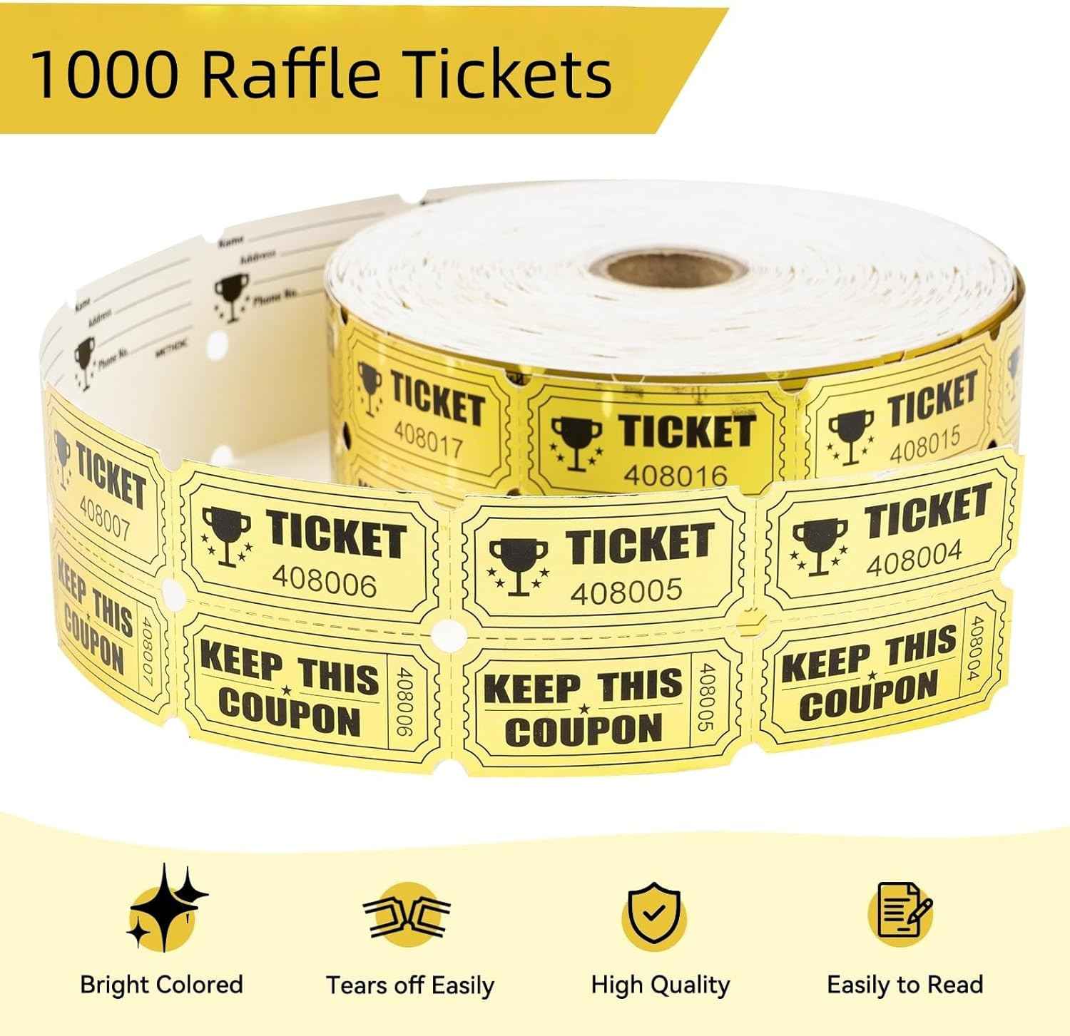 1000 Raffle Tickets Gold Double Roll Metallic Gold Foil,Events Carnivals,Entry,