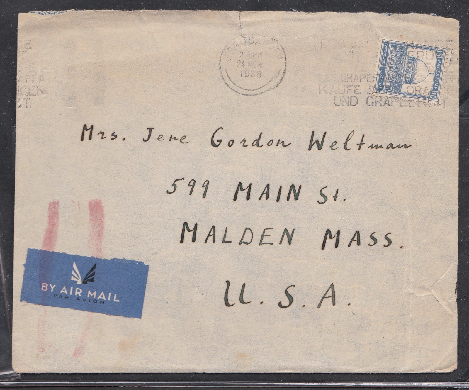 PALESTINE 1938 COVER FROM JERUSALEM TO MALDEN MASS USA + LETTER