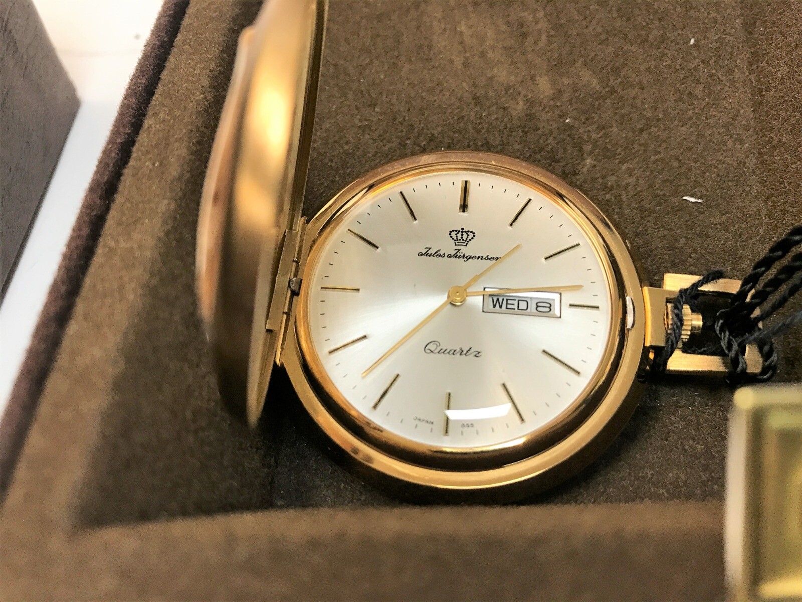 Rare NOS 1970s Jules Jurgensen Gold Tone White Dial Day Date Pocket Watch 6062Q