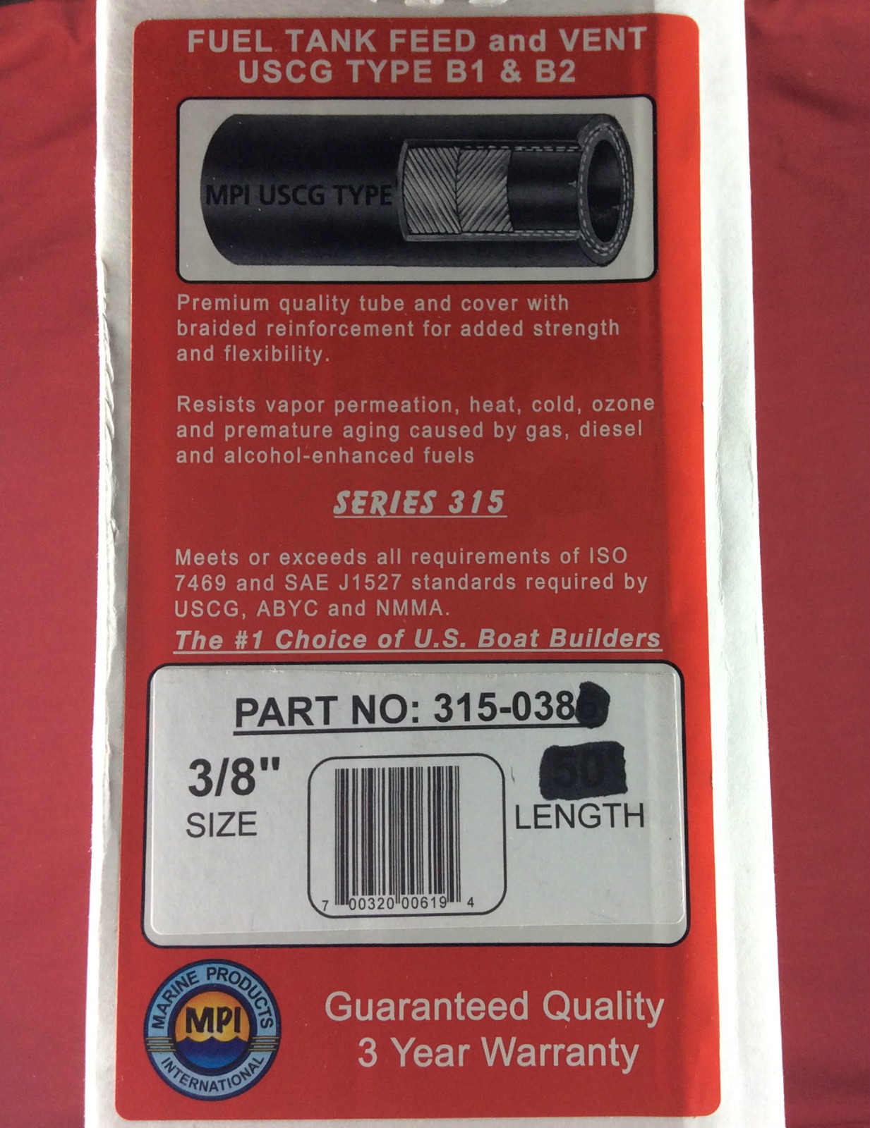 3/8" ID TYPE B1 MARINE FUEL HOSE LINE J1527 PREMIUM USCG 315-0380 SOLD BY FOOT